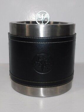 BACARDI RUM Ice Bucket Stainless Steal Lidded Bacardi Bat Faux Leather Bar